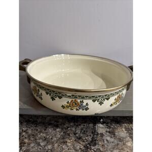 Vintage ASTA Enamelware Cookware Double Handle Casserole Pan Floral Germany 11”